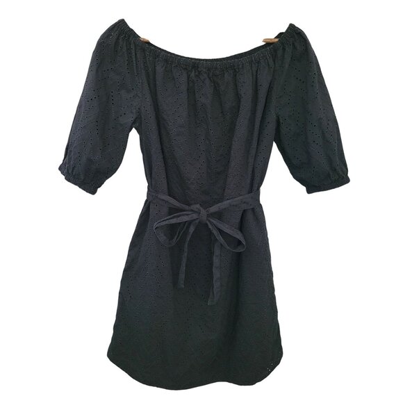 GAP Dresses & Skirts - Gap Eyelet Off-The-Shoulder Cotton Dress Tie Waist Womens Size XS Black Pockets